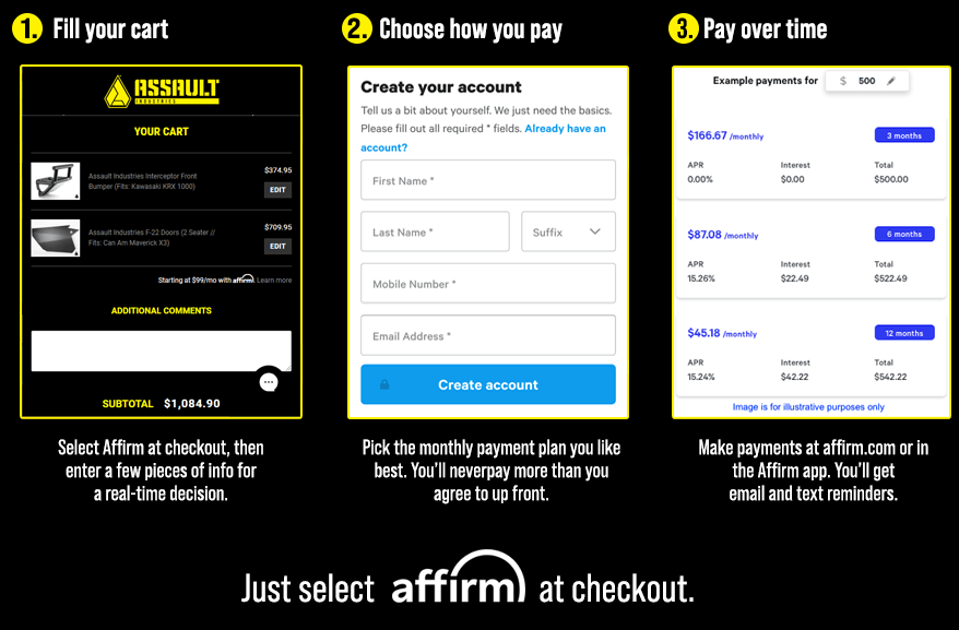 1. Fill your cart. 2. Choose how you pay.  3. Pay over time. 