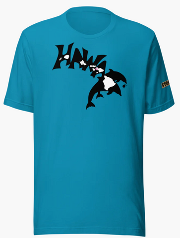 HAWAII ART WITH WORDS ON AQUA COLOR SHIRT