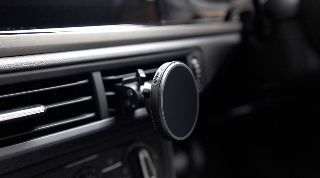 Black MagSafe compatible car vent mount on a car vent