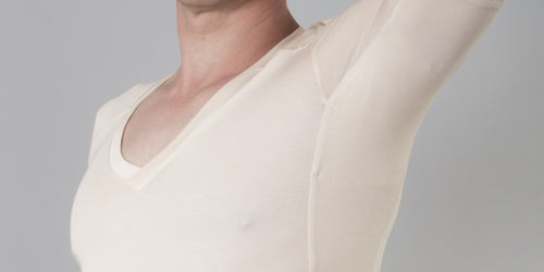 Image of double panel under arm of undershirt to aid sweat absorption