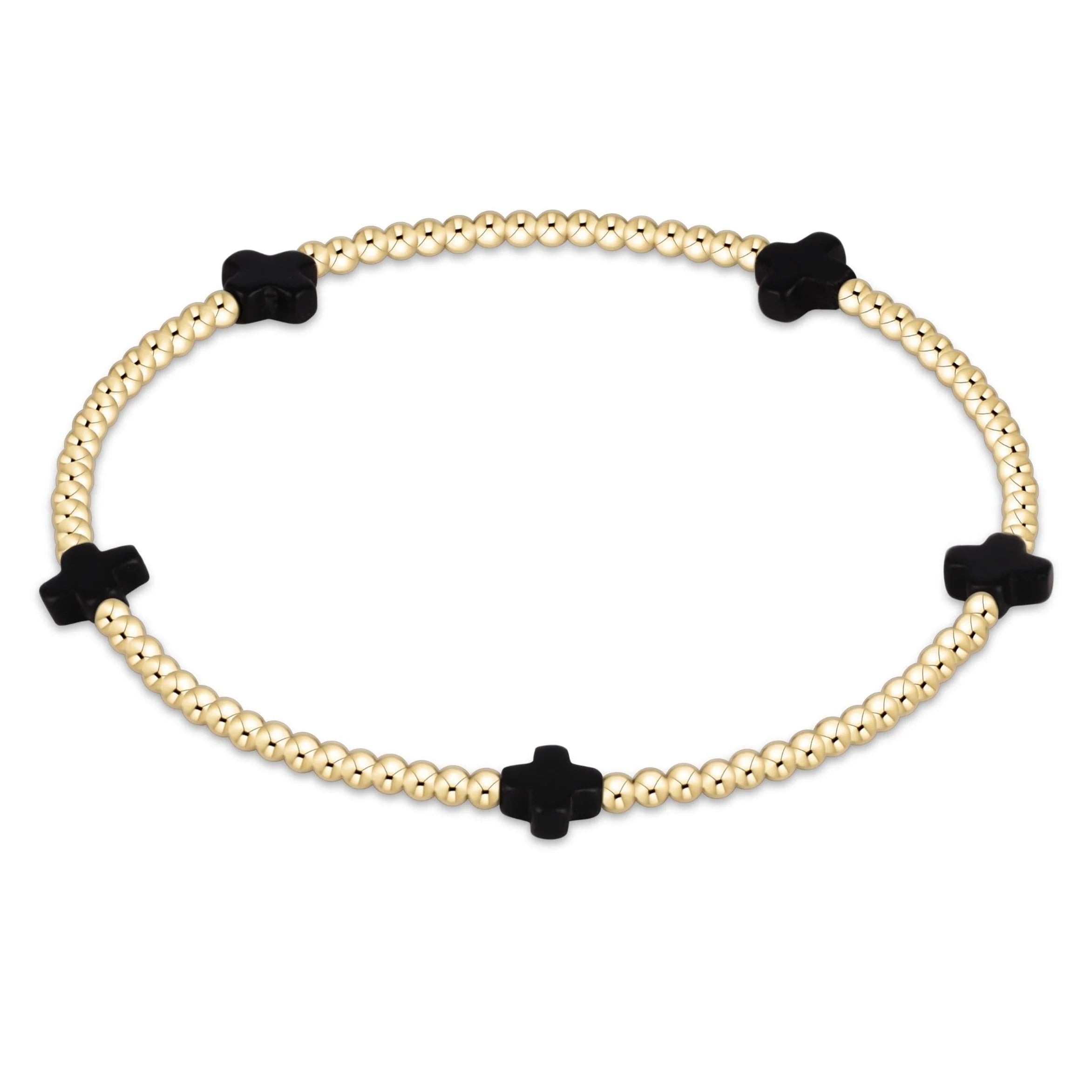 eNewton - Signature Cross Small Gold Pattern 2mm Bead Bracelet - Onyx