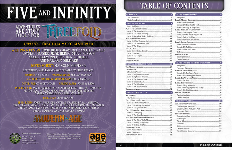 Five and Infinity credits and table of contents