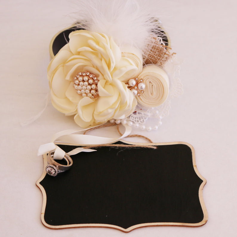 Ivory handmade flower dog collar and Small Chalkboards Signs, pearl beaded feather burlap Rhinestone