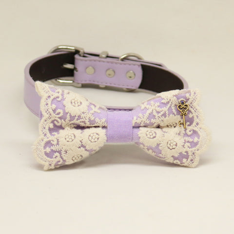 Lilac bow tie dog collar, Lilac leather dog collar, Lace bow tie, heart Key charm, Girl dog collar , Wedding dog collar