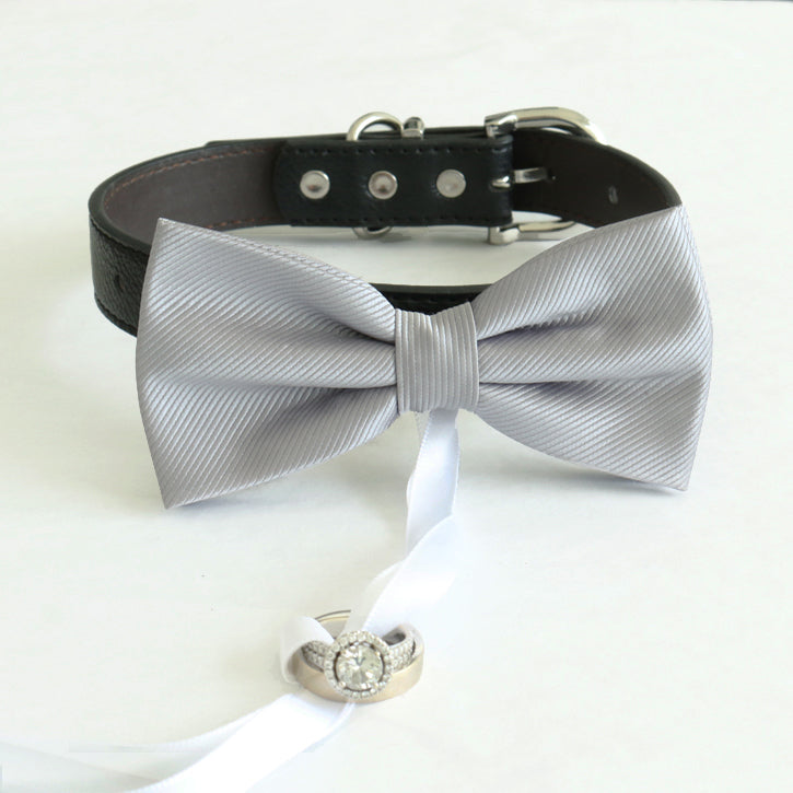 Gray bow tie collar Leather collar Dog ring bearer ring bearer adjustable handmade XS to XXL collar 