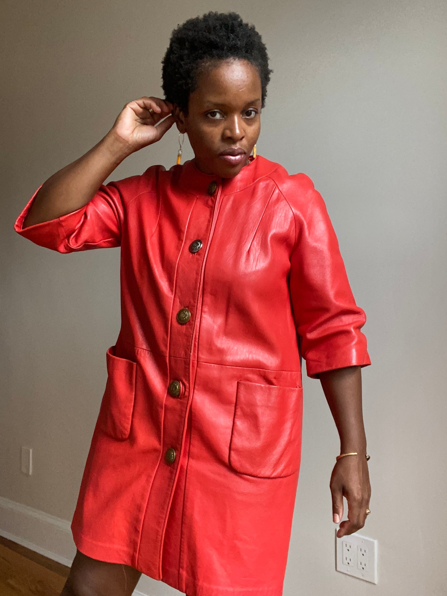 red frock with black jacket