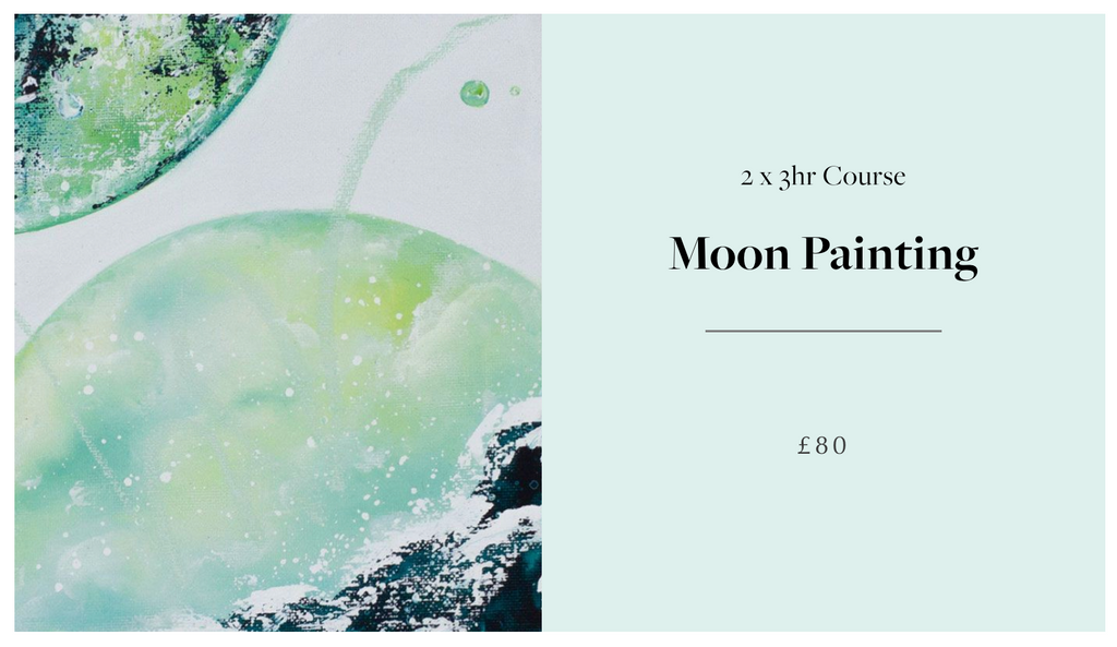 Moon Painting Class  2x3hrs, £80 p.p Run on demand T/W/TH/F/Sat. Lydney Studio, 4 students minimum    Enjoy the therapeutic process of painting moons filled with floods of colour, blended layers or textural areas with script, splatter, drips and puddles to truly personalise it. A two part course showing you my way of using colour, acrylic paint and compositional design in order for you to create your own Moonscape on 30cm sq canvas to take home. 