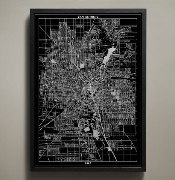 Map Print SAN ANTONIO Map Prints By GeoArtShed   San Antonio 1929 Black Gray Grande 