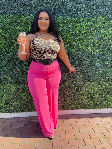 Morgan B. wearing leopard print top with pink overflow pants