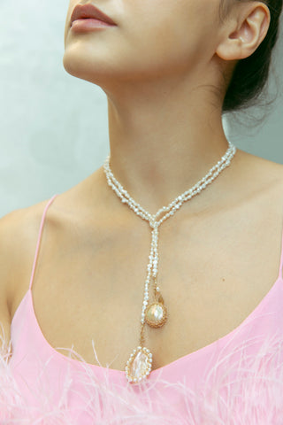 Carolina Wong Long White Pearl Lariat Necklace and Charms