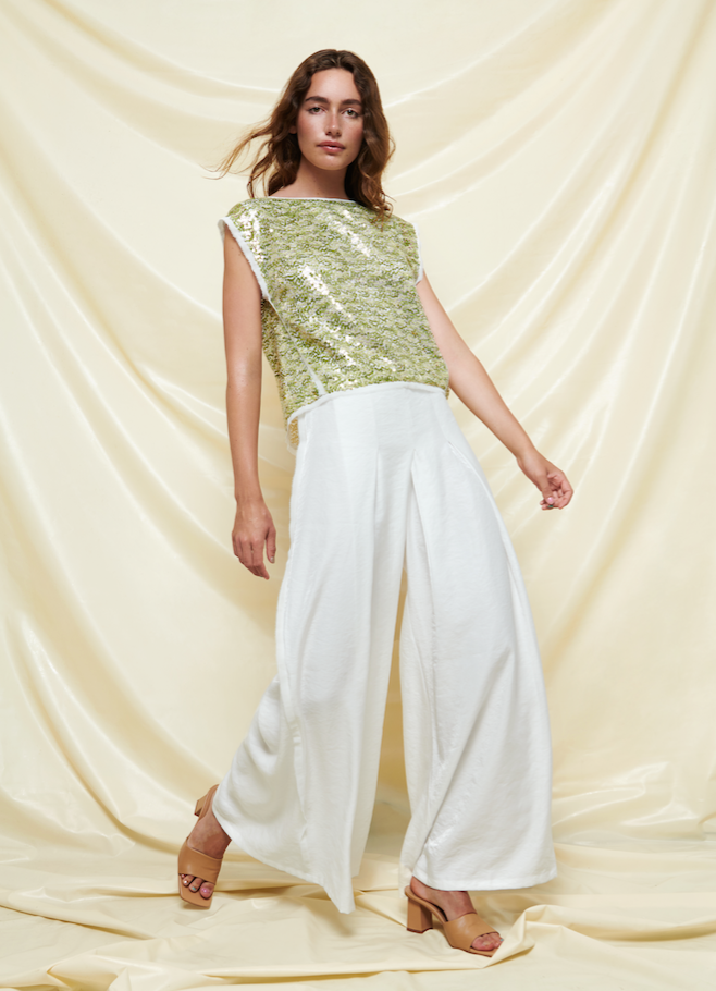 Baruni sequin top and white pants 