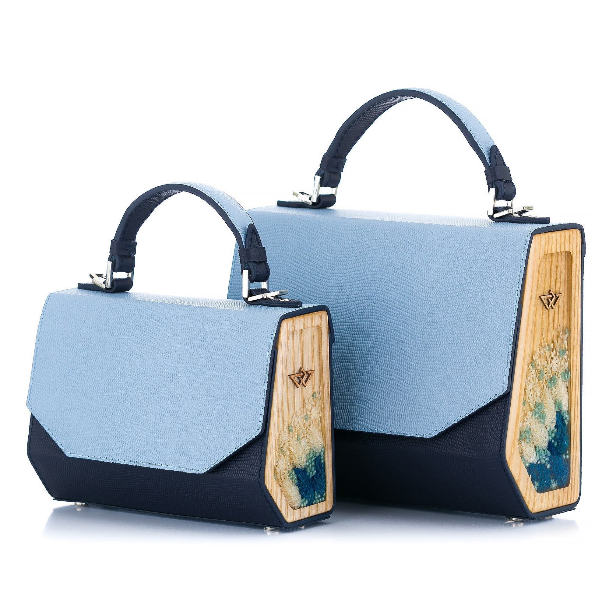 denim blue leather handbag