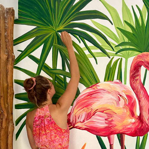 plateau en bambou tropical flamand rose