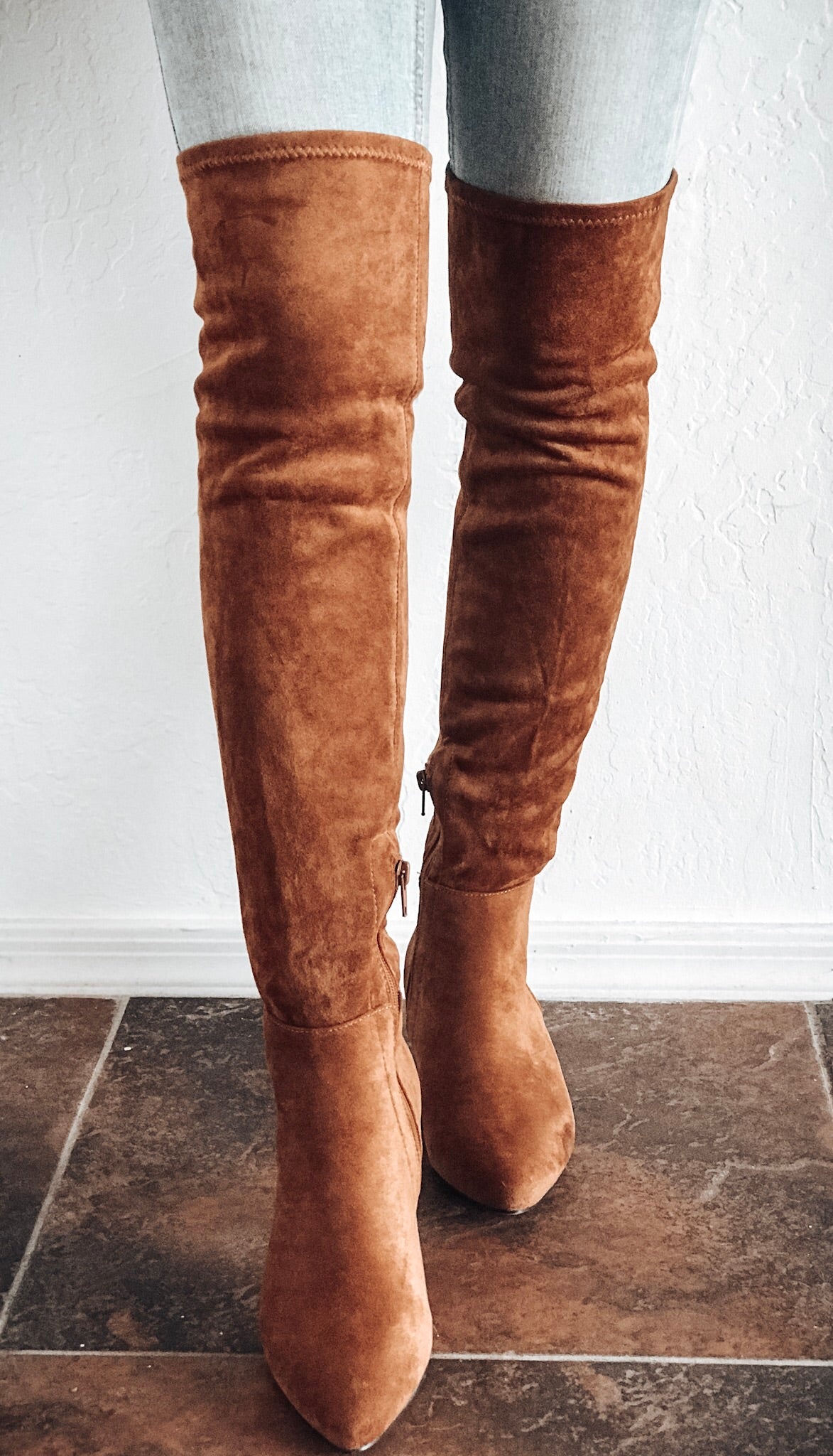 tan over the knee suede leather boots