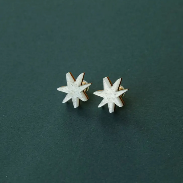 Star Stud Earrings | Marble White Sparkle | Acrylic & Wood | by Pepper You - Lifestory - Pepper You
