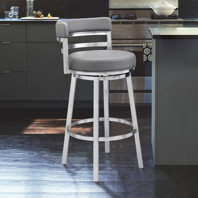 Madrid 26" Counter Height Swivel Grey Faux Leather and Brushed Stainless Steel Bar Stool By Armen Living