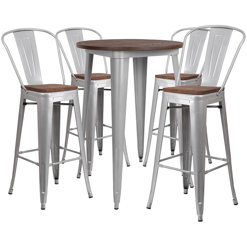  30" Round Silver Metal Bar Table Set With Wood Top And 4 Stools By Flash Furniture 