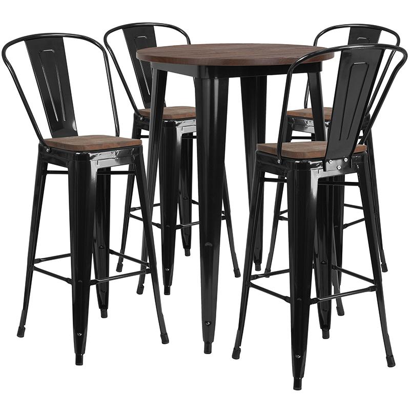  30" Round Black Metal Bar Table Set With Wood Top And 4 Stools By Flash Furniture 