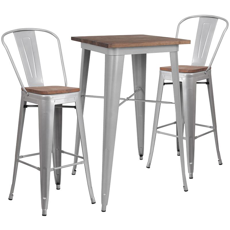  23.5" Square Silver Metal Bar Table Set With Wood Top And 2 Stools By Flash Furniture 