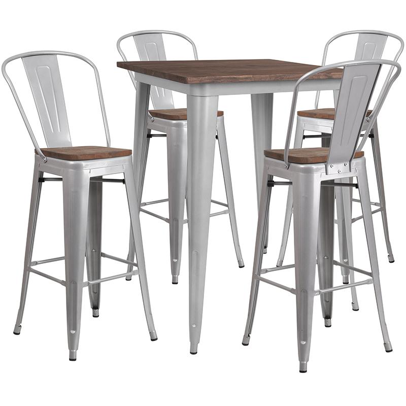  31.5" Square Silver Metal Bar Table Set With Wood Top And 4 Stools By Flash Furniture 