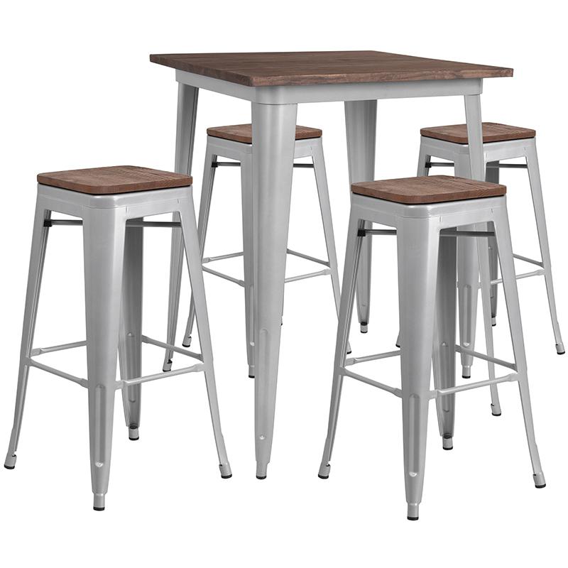  31.5" Square Silver Metal Bar Table Set With Wood Top And 4 Backless Stools By Flash Furniture 