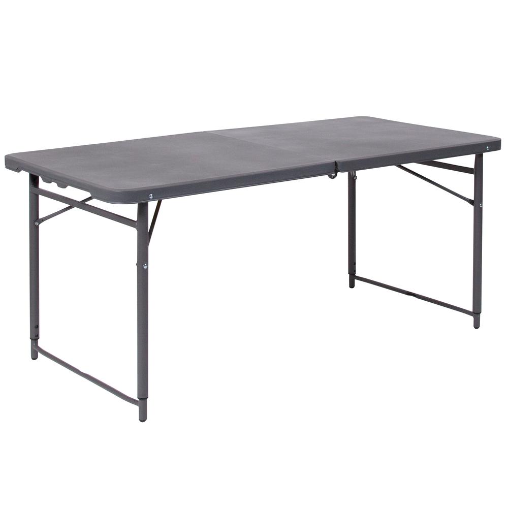  4-Foot Height Adjustable Bi-Fold Dark Gray Plastic Folding Table With Carrying Handle By Flash Furniture 