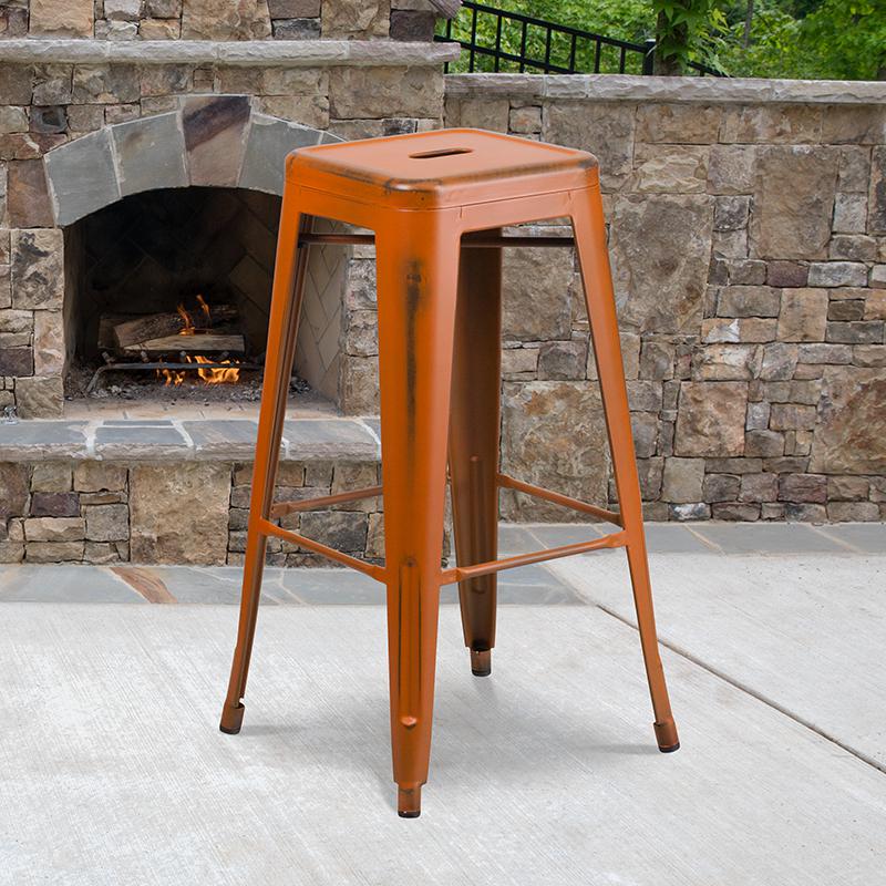  Commercial Grade 30" High Backless Distressed Orange Metal Indoor-Outdoor Barstool By Flash Furniture 