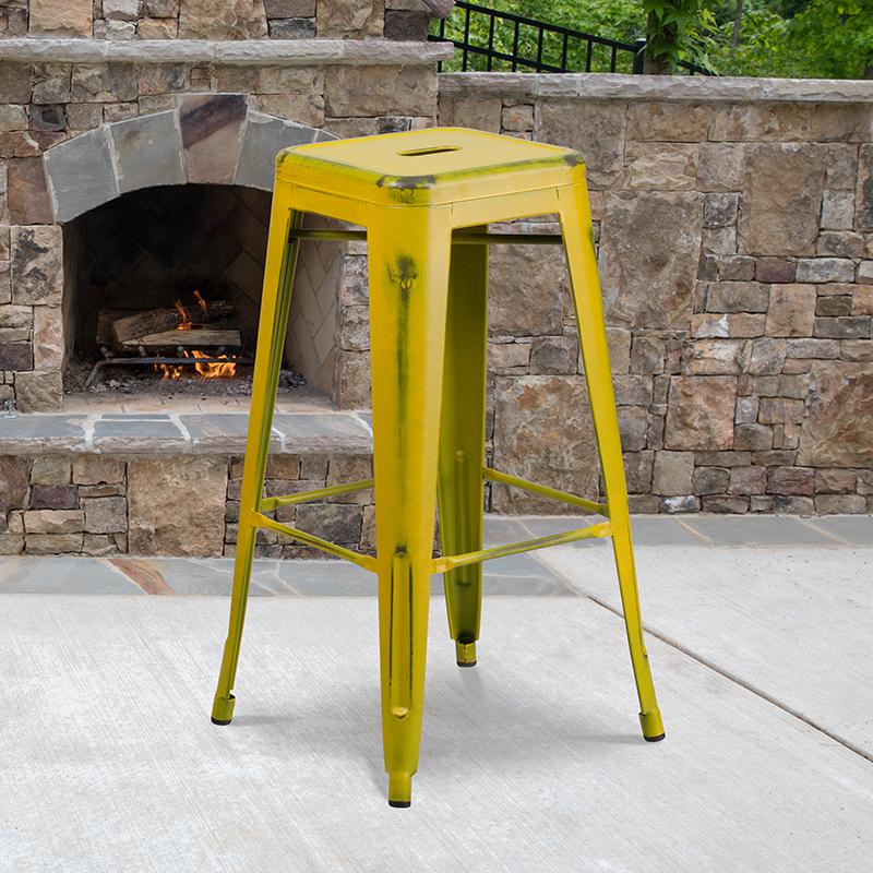  Commercial Grade 30" High Backless Distressed Yellow Metal Indoor-Outdoor Barstool By Flash Furniture 