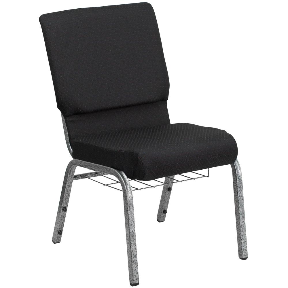  Hercules Series 18.5''W Church Chair In Black Patterned Fabric With Cup Book Rack - Silver Vein Frame By Flash Furniture 