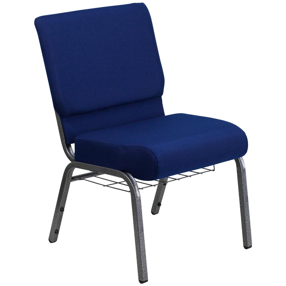  Hercules Series 21''W Church Chair In Navy Blue Fabric With Cup Book Rack - Silver Vein Frame By Flash Furniture 