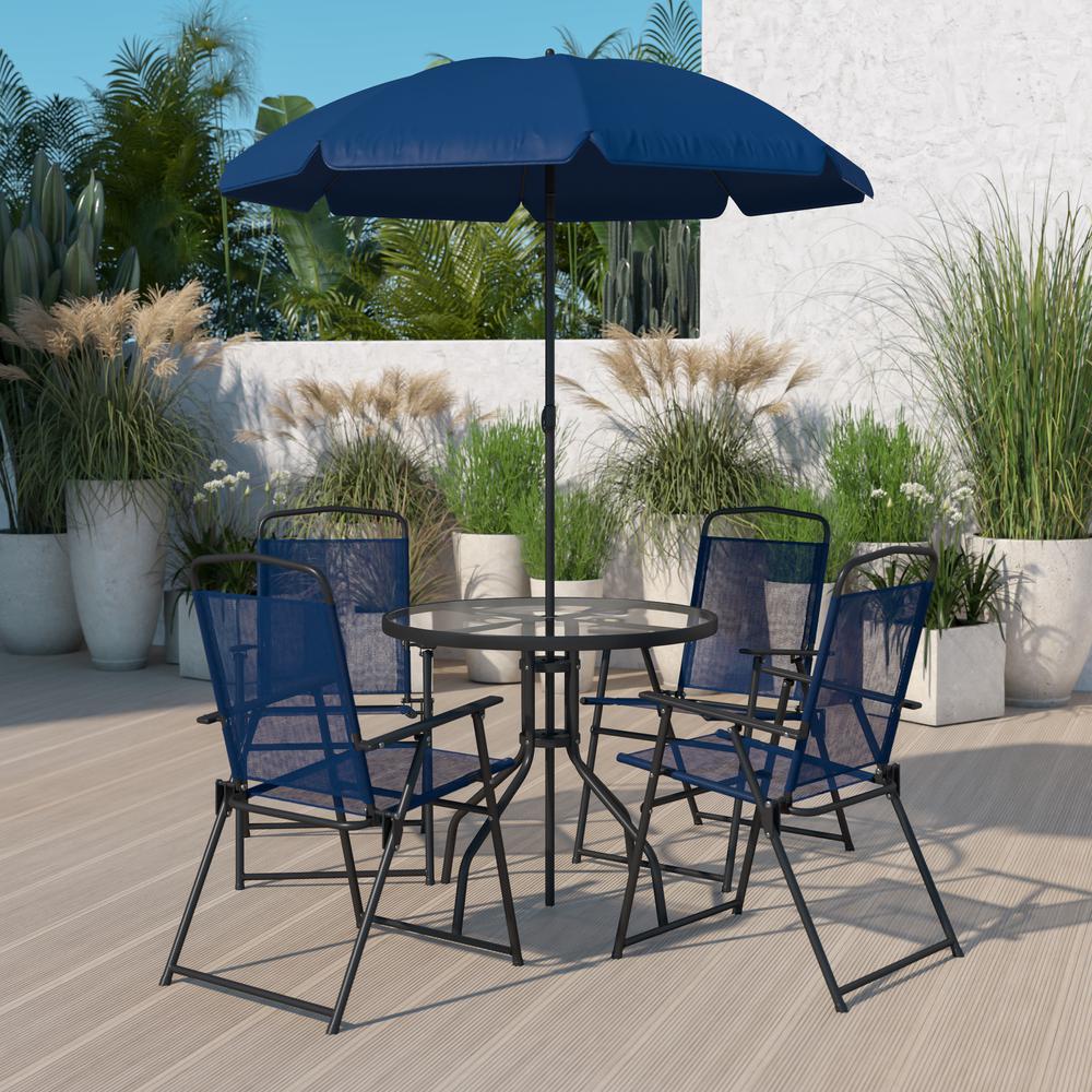  Nantucket 6 Piece Navy Patio Garden Set With Umbrella Table And Set Of 4 Folding Chairs By Flash Furniture 