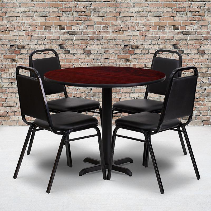  36'' Round Mahogany Laminate Table Set With X-Base And 4 Black Trapezoidal Back Banquet Chairs By Flash Furniture 