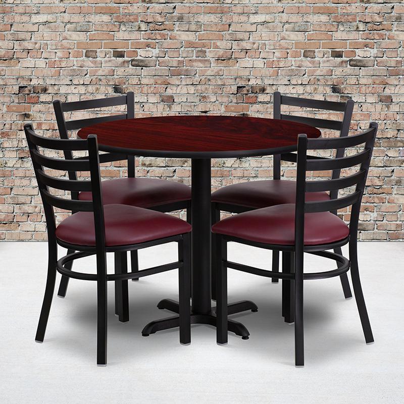  36'' Round Mahogany Laminate Table Set With X-Base And 4 Ladder Back Metal Chairs - Burgundy Vinyl Seat By Flash Furniture 