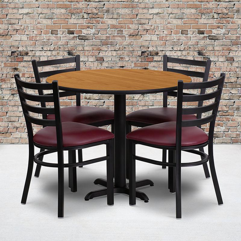  36'' Round Natural Laminate Table Set With X-Base And 4 Ladder Back Metal Chairs - Burgundy Vinyl Seat By Flash Furniture 