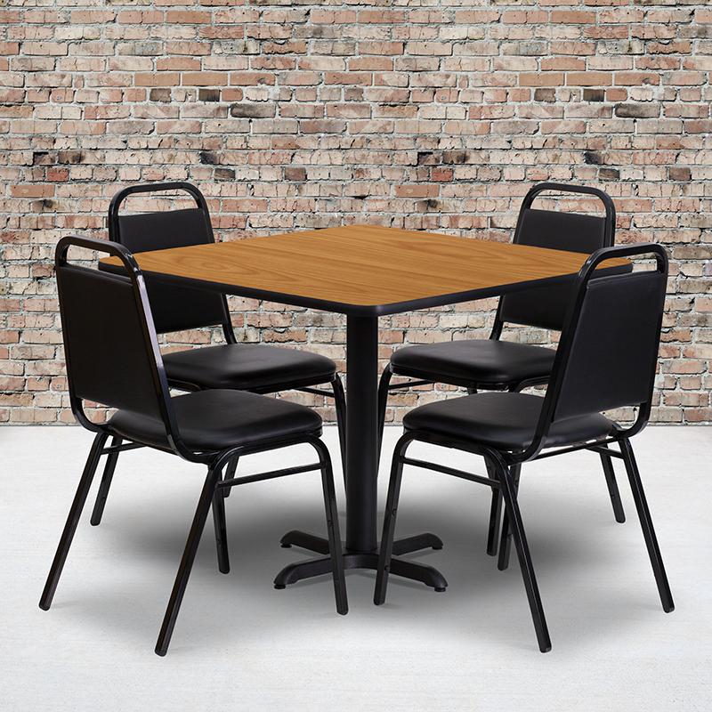  36'' Square Natural Laminate Table Set With X-Base And 4 Black Trapezoidal Back Banquet Chairs By Flash Furniture 