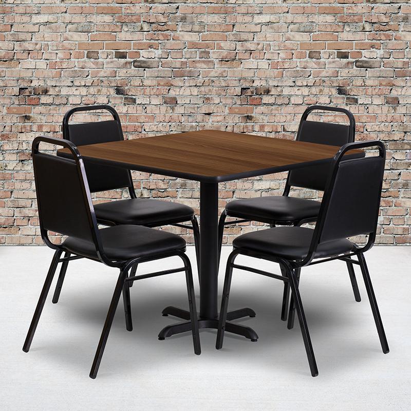  36'' Square Walnut Laminate Table Set With X-Base And 4 Black Trapezoidal Back Banquet Chairs By Flash Furniture 