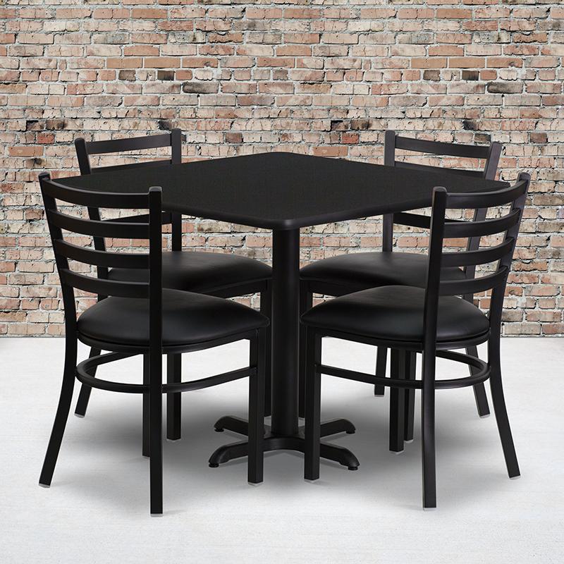  36'' Square Black Laminate Table Set With X-Base And 4 Ladder Back Metal Chairs - Black Vinyl Seat By Flash Furniture 