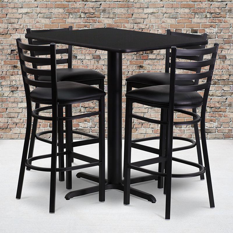  24''W X 42''L Rectangular Black Laminate Table Set With 4 Ladder Back Metal Barstools - Black Vinyl Seat By Flash Furniture 