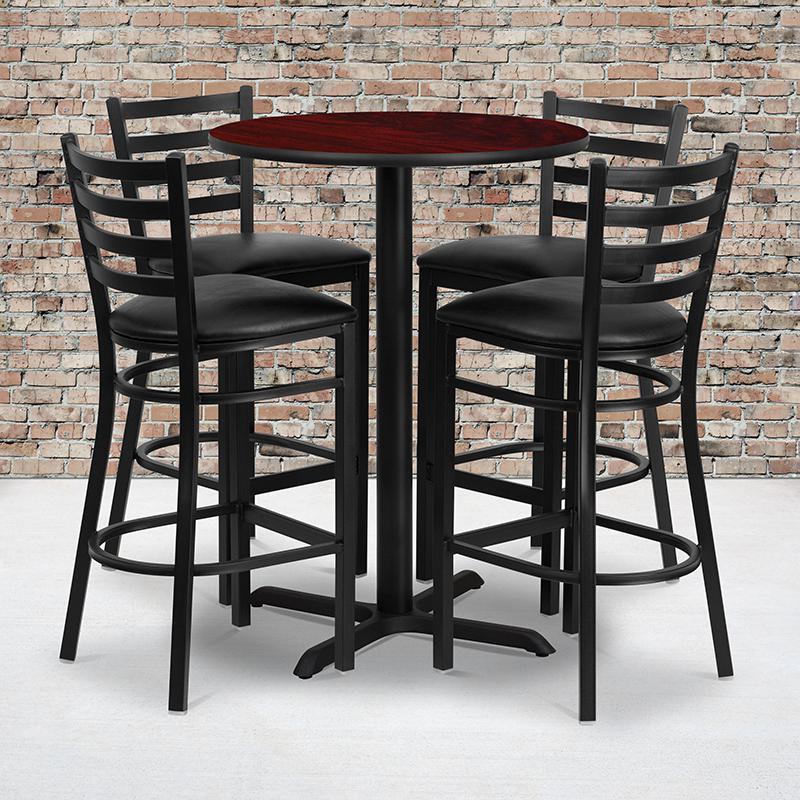  30'' Round Mahogany Laminate Table Set With X-Base And 4 Ladder Back Metal Barstools - Black Vinyl Seat By Flash Furniture 