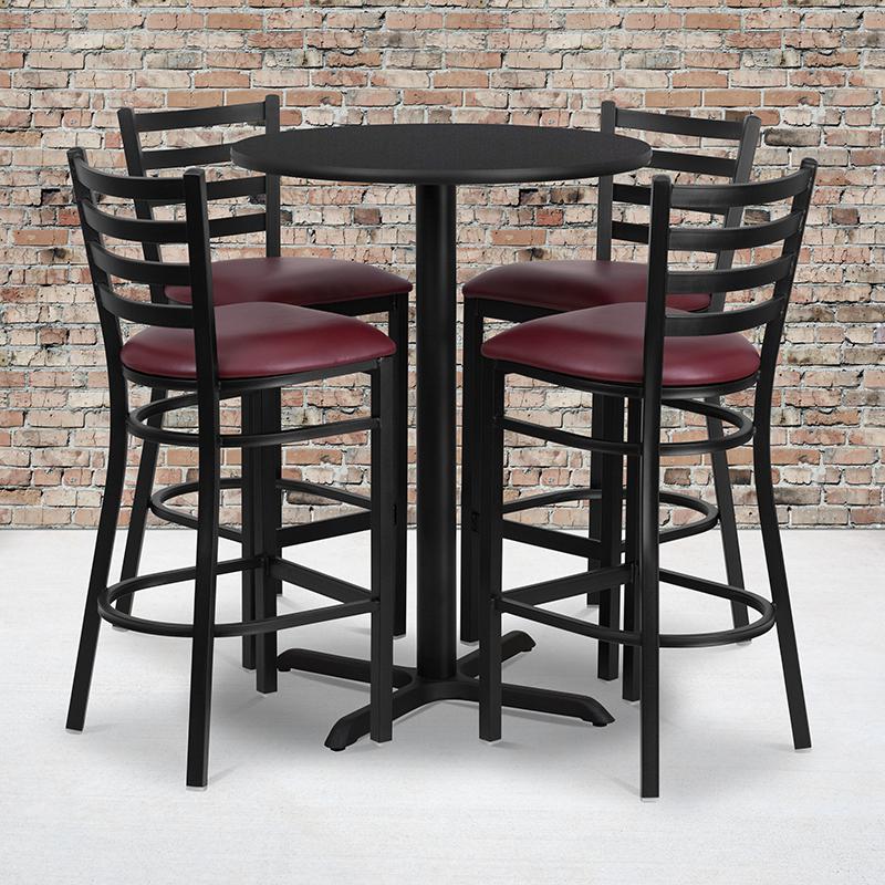  30'' Round Black Laminate Table Set With X-Base And 4 Ladder Back Metal Barstools - Burgundy Vinyl Seat By Flash Furniture 