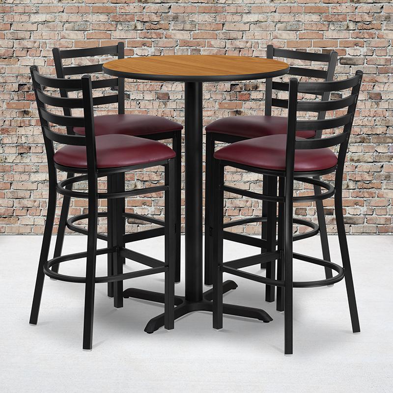  30'' Round Natural Laminate Table Set With X-Base And 4 Ladder Back Metal Barstools - Burgundy Vinyl Seat By Flash Furniture 