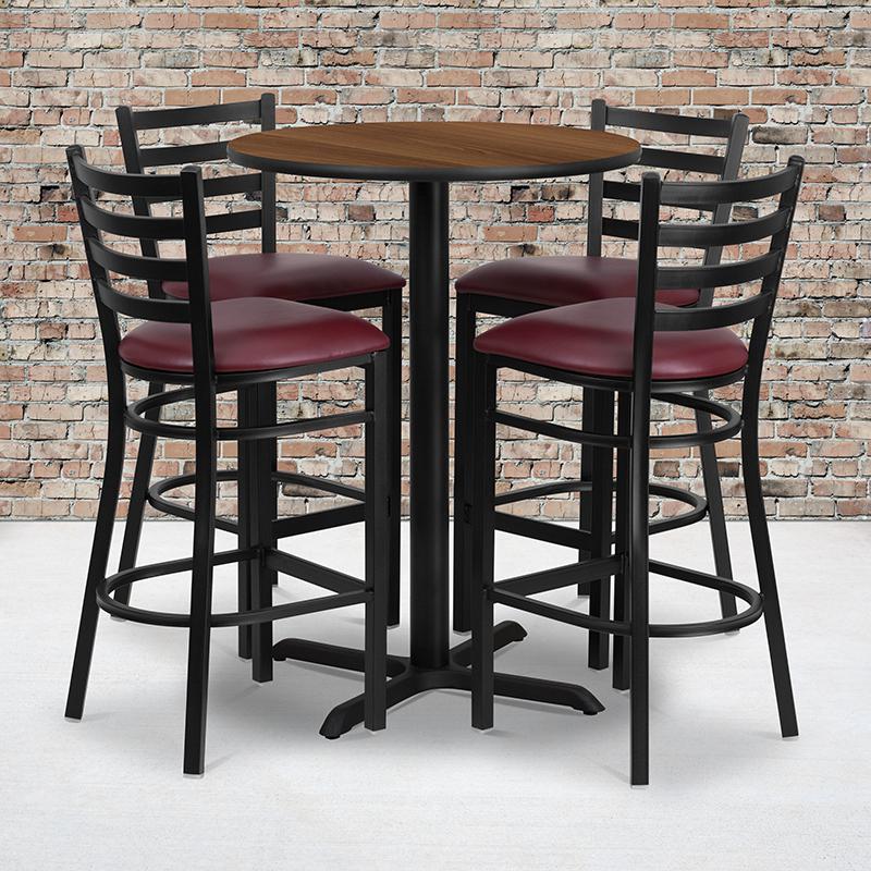  30'' Round Walnut Laminate Table Set With X-Base And 4 Ladder Back Metal Barstools - Burgundy Vinyl Seat By Flash Furniture 