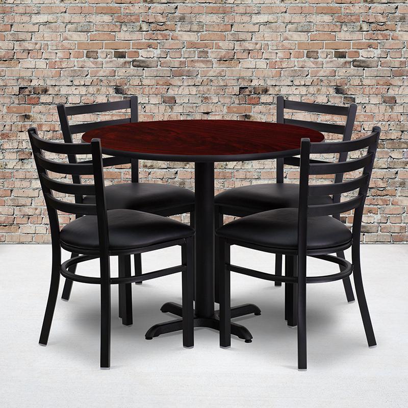  36'' Round Mahogany Laminate Table Set With X-Base And 4 Ladder Back Metal Chairs - Black Vinyl Seat By Flash Furniture 