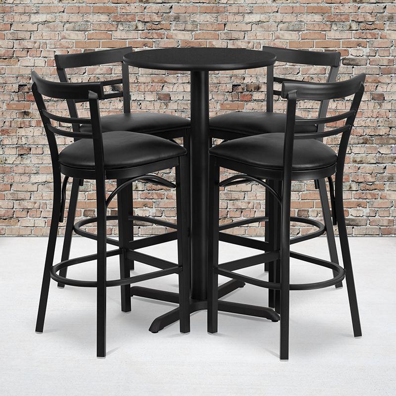  24'' Round Black Laminate Table Set With X-Base And 4 Two-Slat Ladder Back Metal Barstools - Black Vinyl Seat By Flash Furniture 