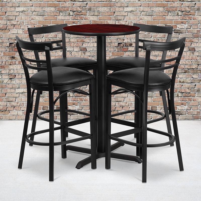  24'' Round Mahogany Laminate Table Set With X-Base And 4 Two-Slat Ladder Back Metal Barstools - Black Vinyl Seat By Flash Furniture 