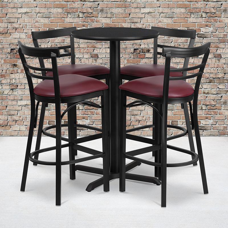  24'' Round Black Laminate Table Set With X-Base And 4 Two-Slat Ladder Back Metal Barstools - Burgundy Vinyl Seat By Flash Furniture 