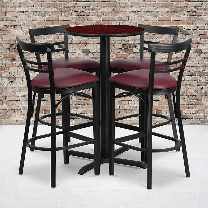  24'' Round Mahogany Laminate Table Set With X-Base And 4 Two-Slat Ladder Back Metal Barstools - Burgundy Vinyl Seat By Flash Furniture 