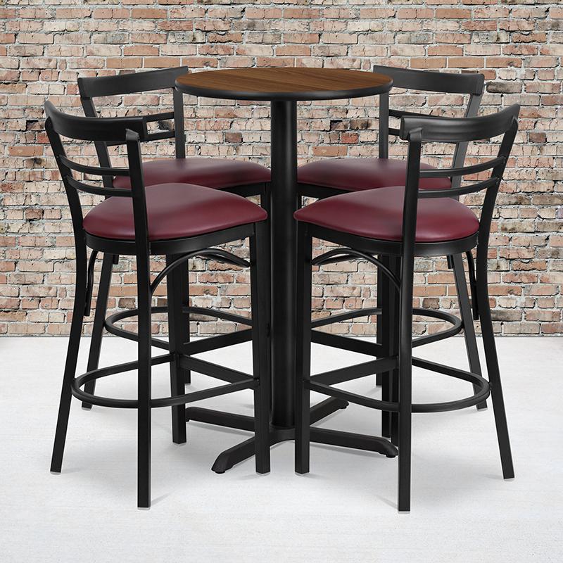  24'' Round Walnut Laminate Table Set With X-Base And 4 Two-Slat Ladder Back Metal Barstools - Burgundy Vinyl Seat By Flash Furniture 