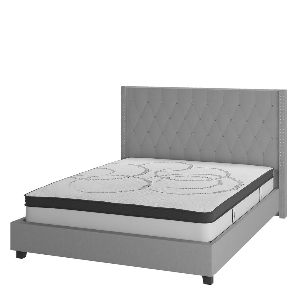  Riverdale King Size Tufted Upholstered Platform Bed In Light Gray Fabric With 10 Inch Certipur-Us Certified Pocket Spring Mattress By Flash Furniture 