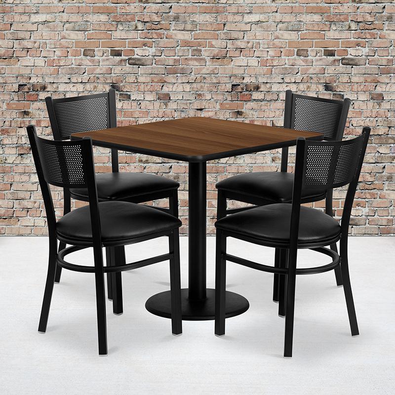  30'' Square Walnut Laminate Table Set With 4 Grid Back Metal Chairs - Black Vinyl Seat By Flash Furniture 